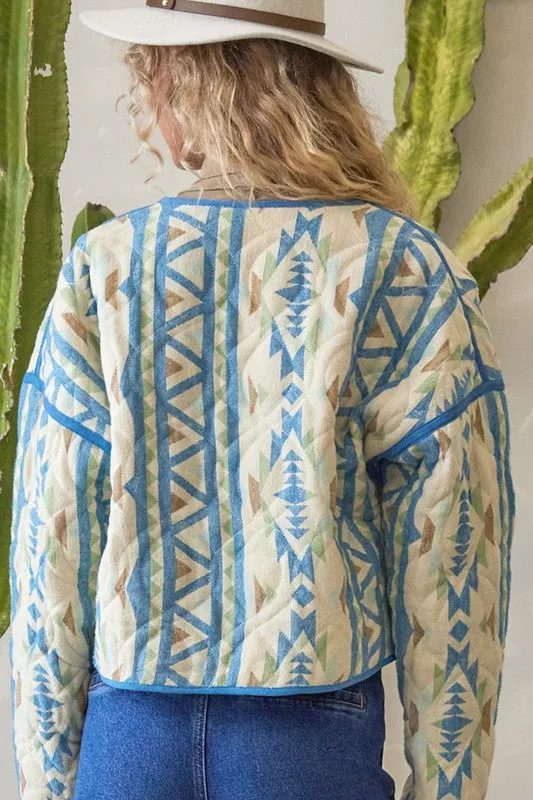 Waitlist 11/20 ♥ Beth Long Sleeve Aztec Print Quilted Shacket Blue