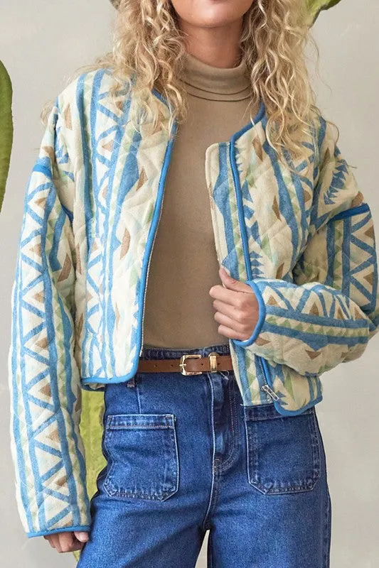 Waitlist 11/20 ♥ Beth Long Sleeve Aztec Print Quilted Shacket Blue