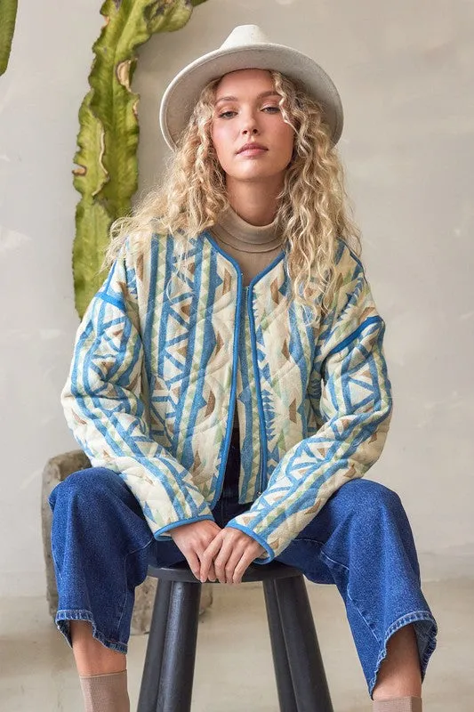 Waitlist 11/20 ♥ Beth Long Sleeve Aztec Print Quilted Shacket Blue