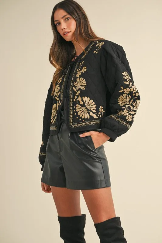 Waitlist 11/20 ♥ Lena Long Sleeve Floral Embroidered Front Tie Quilted Shacket Black