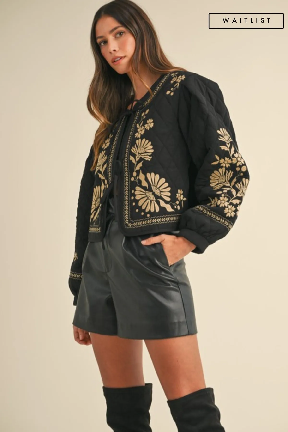 Waitlist 11/20 ♥ Lena Long Sleeve Floral Embroidered Front Tie Quilted Shacket Black