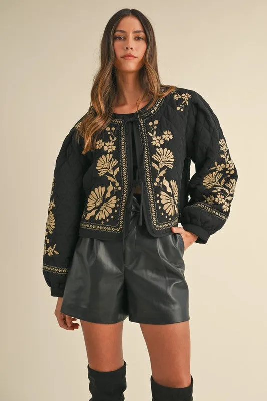 Waitlist 11/20 ♥ Lena Long Sleeve Floral Embroidered Front Tie Quilted Shacket Black