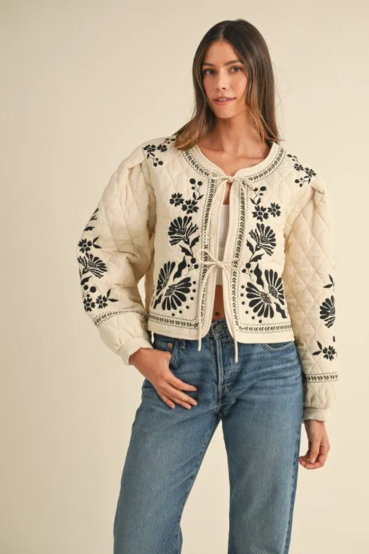 Waitlist 12/11 ♥ Lena Long Sleeve Floral Embroidered Front Tie Quilted Shacket Ivory