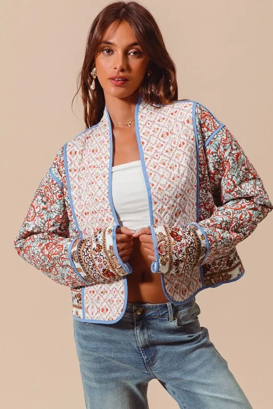 Waitlist 12/7 ♥ Alyce Long Sleeve Paisley Print Open Front Quilted Shacket Blue