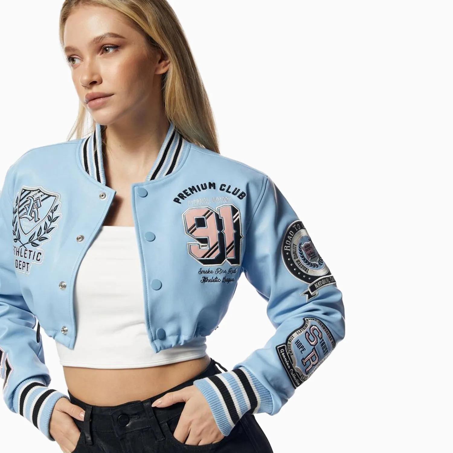 Women's Crop Pu Varsity Jacket