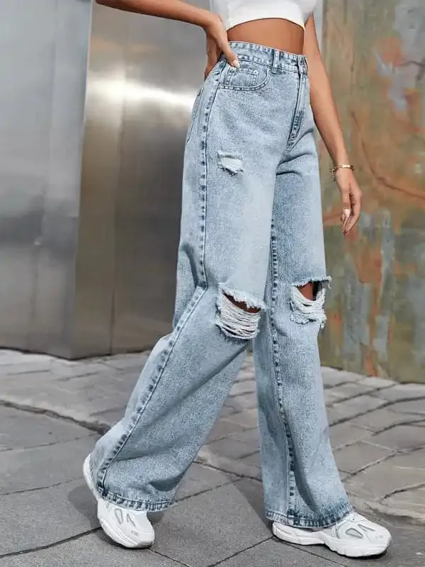 Women’s Fashion ripped high waist wide leg casual denim trousers