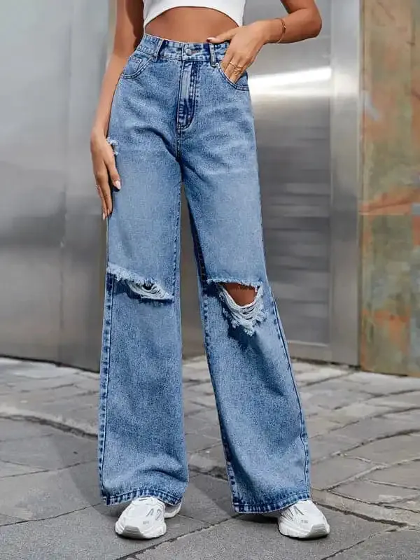 Women’s Fashion ripped high waist wide leg casual denim trousers