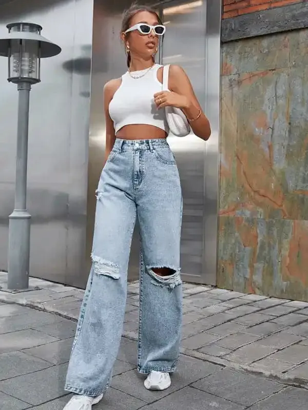 Women’s Fashion ripped high waist wide leg casual denim trousers