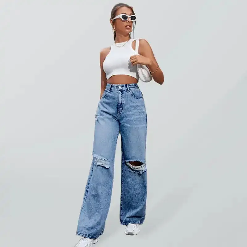 Women’s Fashion ripped high waist wide leg casual denim trousers