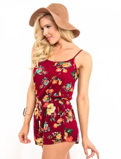 Womens Floral Shorts Romper, Sleeveless Summer Jumpsuit, Sizes S/M/L, Maroon/Multi