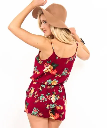 Womens Floral Shorts Romper, Sleeveless Summer Jumpsuit, Sizes S/M/L, Maroon/Multi