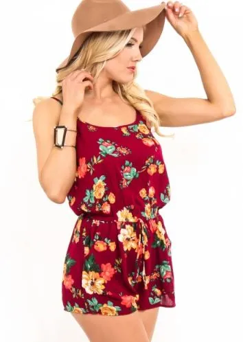 Womens Floral Shorts Romper, Sleeveless Summer Jumpsuit, Sizes S/M/L, Maroon/Multi