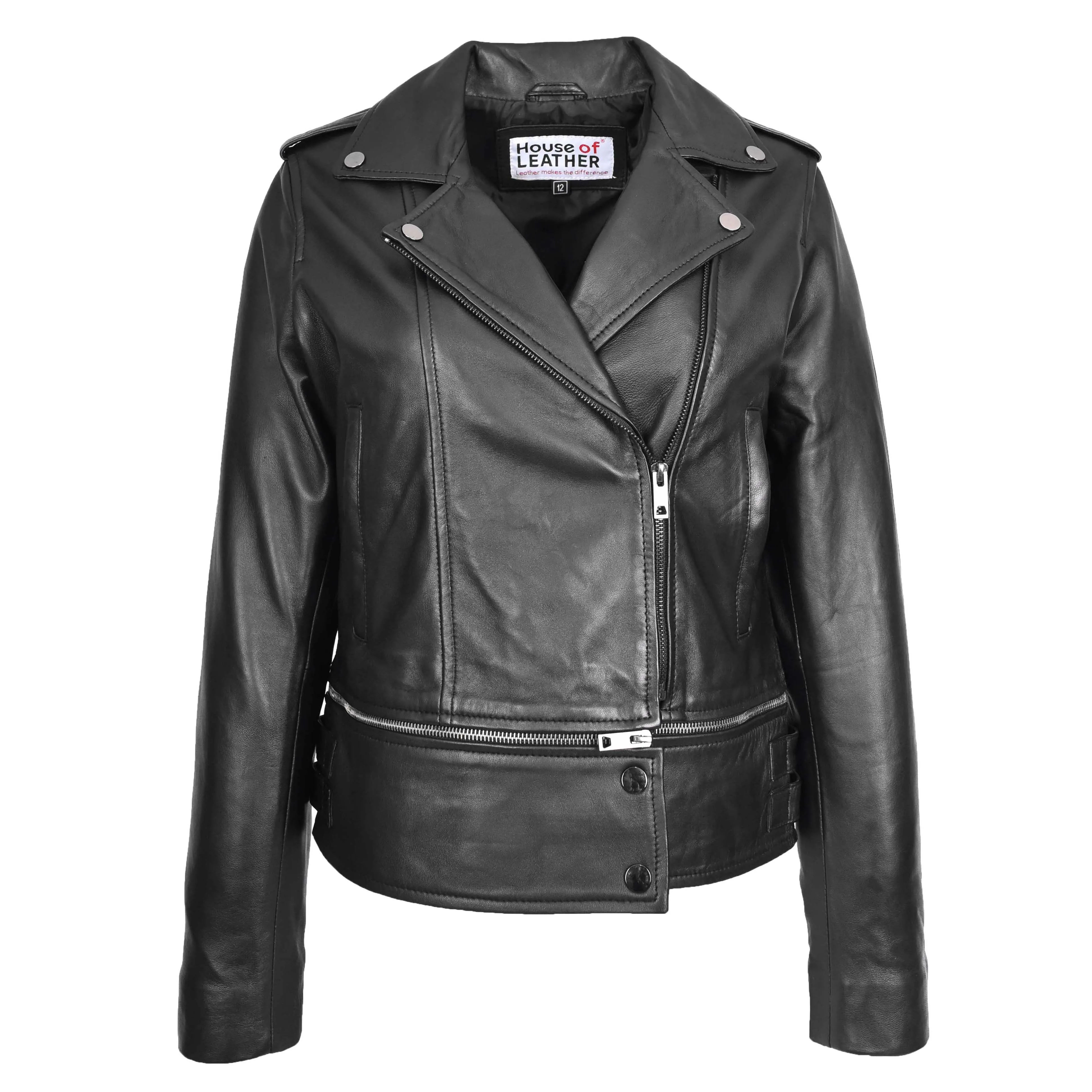 Womens Real Leather Biker Jacket 2-in-1 Cropped Style Bianca Black