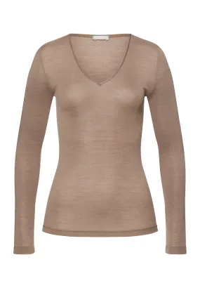 Woolen Silk W Wool And Silk V-Neck Fitted Top | Taupe 71418-2847