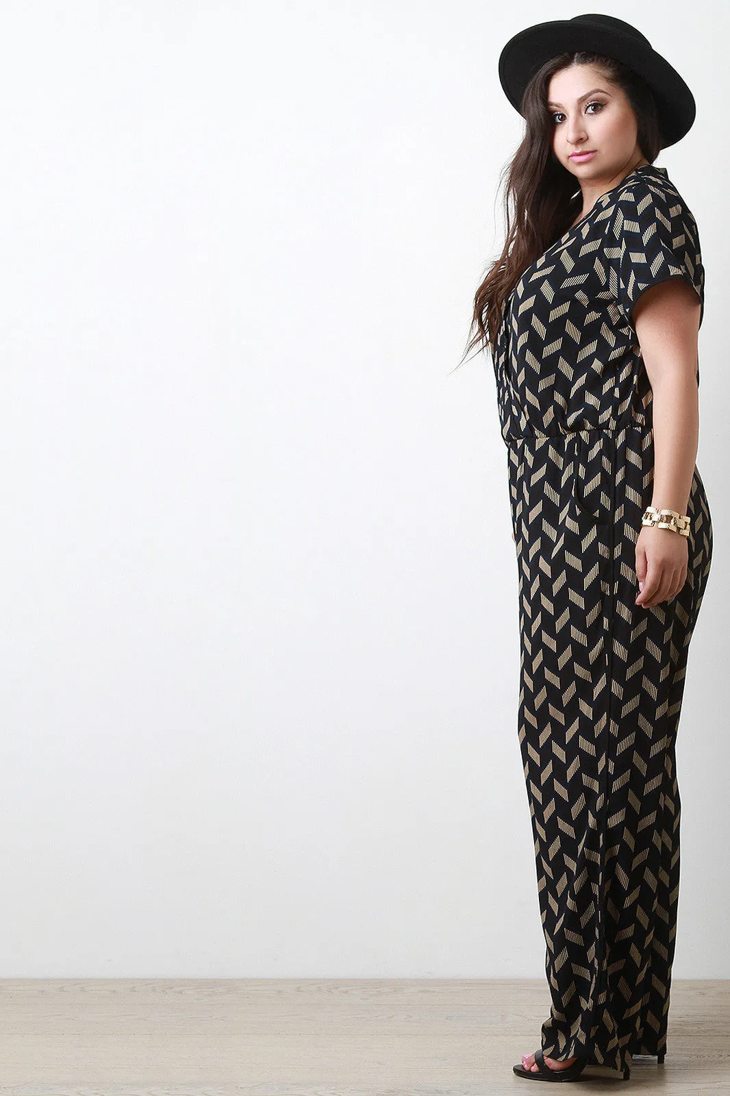 Woven Chevron Print Surplice Jumpsuit