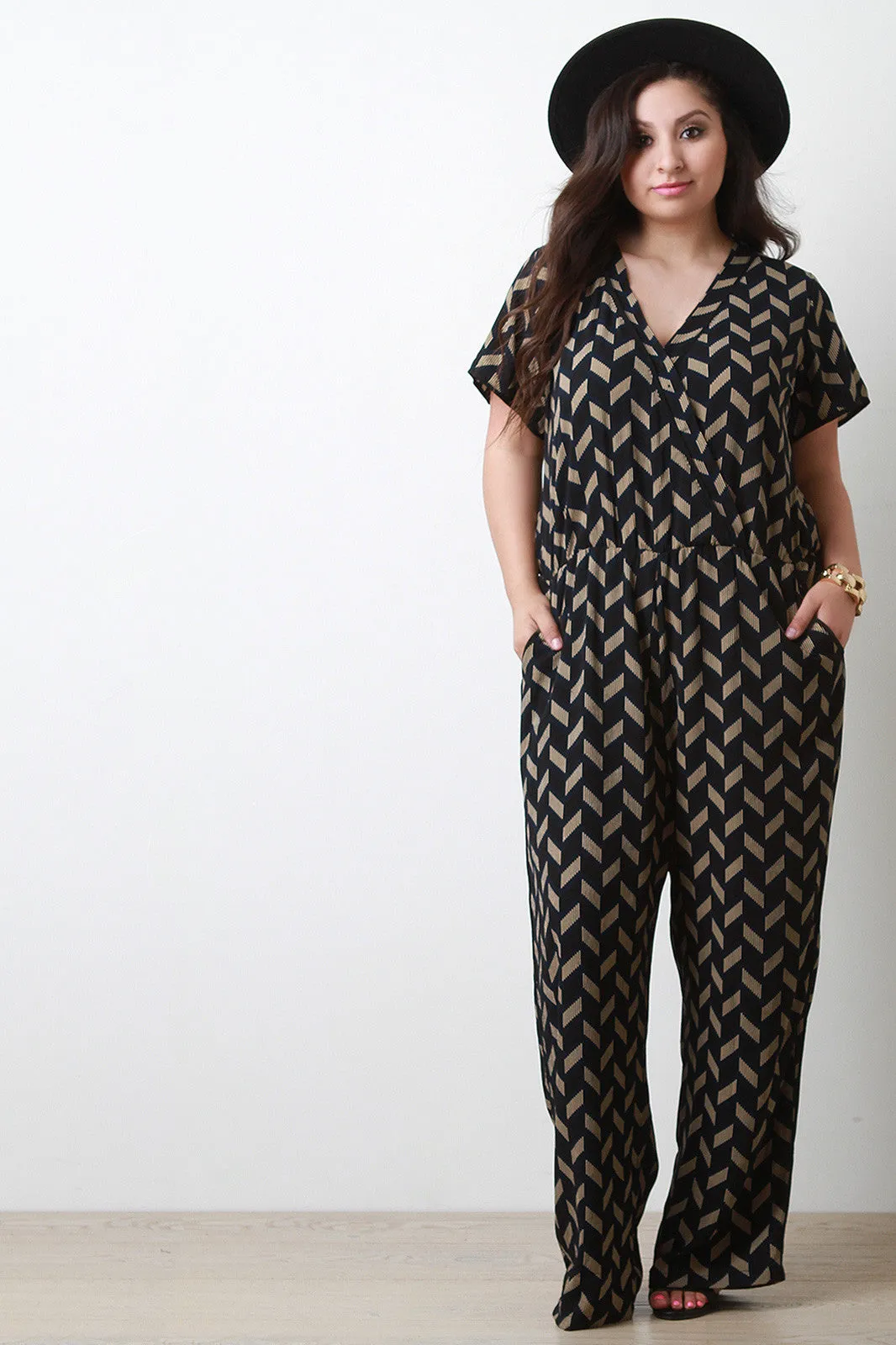 Woven Chevron Print Surplice Jumpsuit