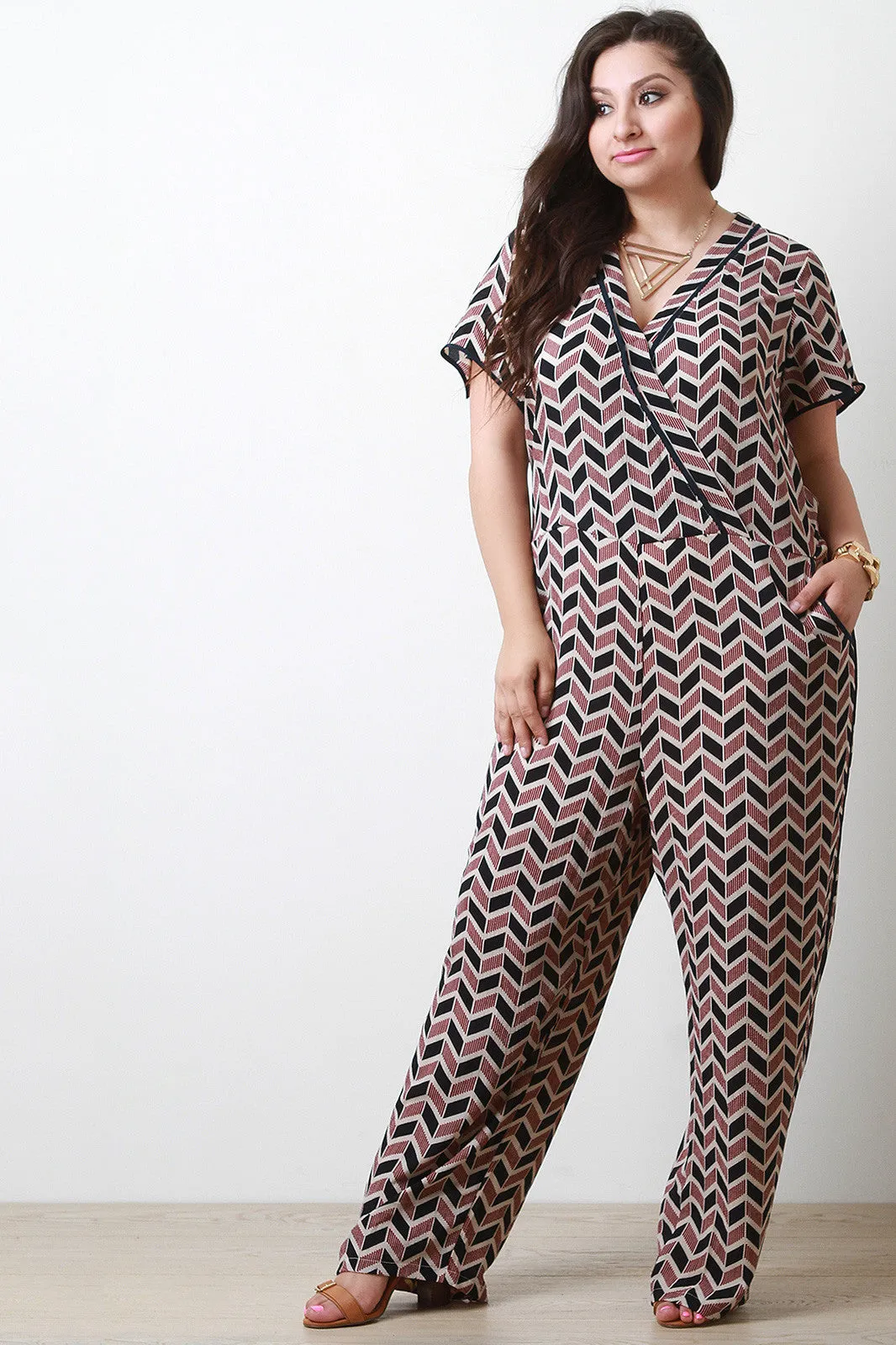 Woven Chevron Print Surplice Jumpsuit